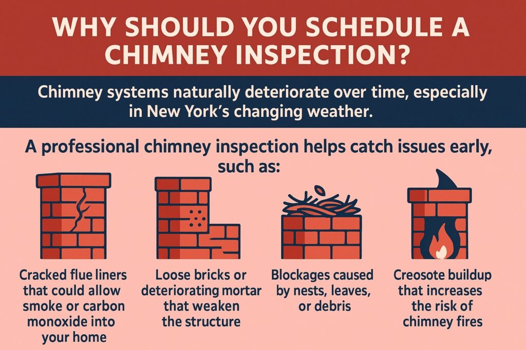 original infographic with a wide, landscape-style layout featuring shades of red, navy blue, and cream. The top header reads “WHY SHOULD YOU SCHEDULE A CHIMNEY INSPECTION?” in bold white text on a dark red background. Beneath it, a navy-blue bar contains white text explaining that chimney systems naturally deteriorate over time, especially in New York’s changing weather. The main section has four illustrated chimney icons, each representing a potential issue: a cracked flue liner, crumbling mortar with loose bricks, a chimney blocked by a nest, and one with flames showing creosote buildup. Below each illustration is descriptive text about the corresponding issue, emphasizing how inspections help detect cracks, loose bricks, blockages, and creosote buildup early. The overall design uses clean lines, simple illustrations, and strong color contrast for readability.
